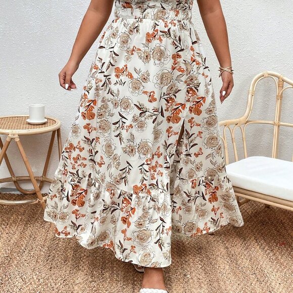 Multicolor Boho Women's Plus Allover Floral Print Ruffle Hem Split Thigh Dress - Picture 5 of 5